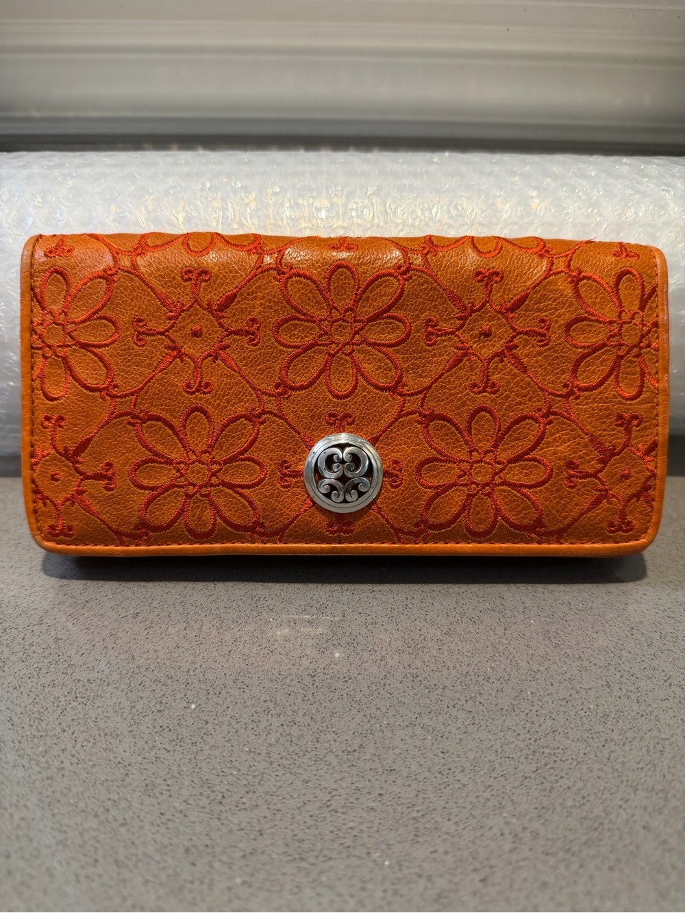 Brighton Valencia Orange Embroidered Floral Leather 3-Way Wallet